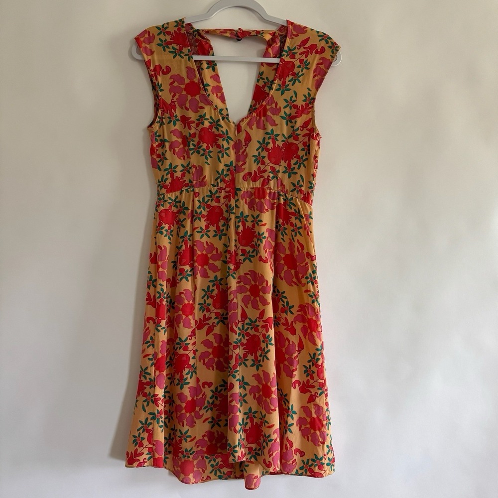Tracy Reese 100% Silk Dress 4 Floral Y2K Smocked Orange Red Bright Open Back - Picture 6 of 14